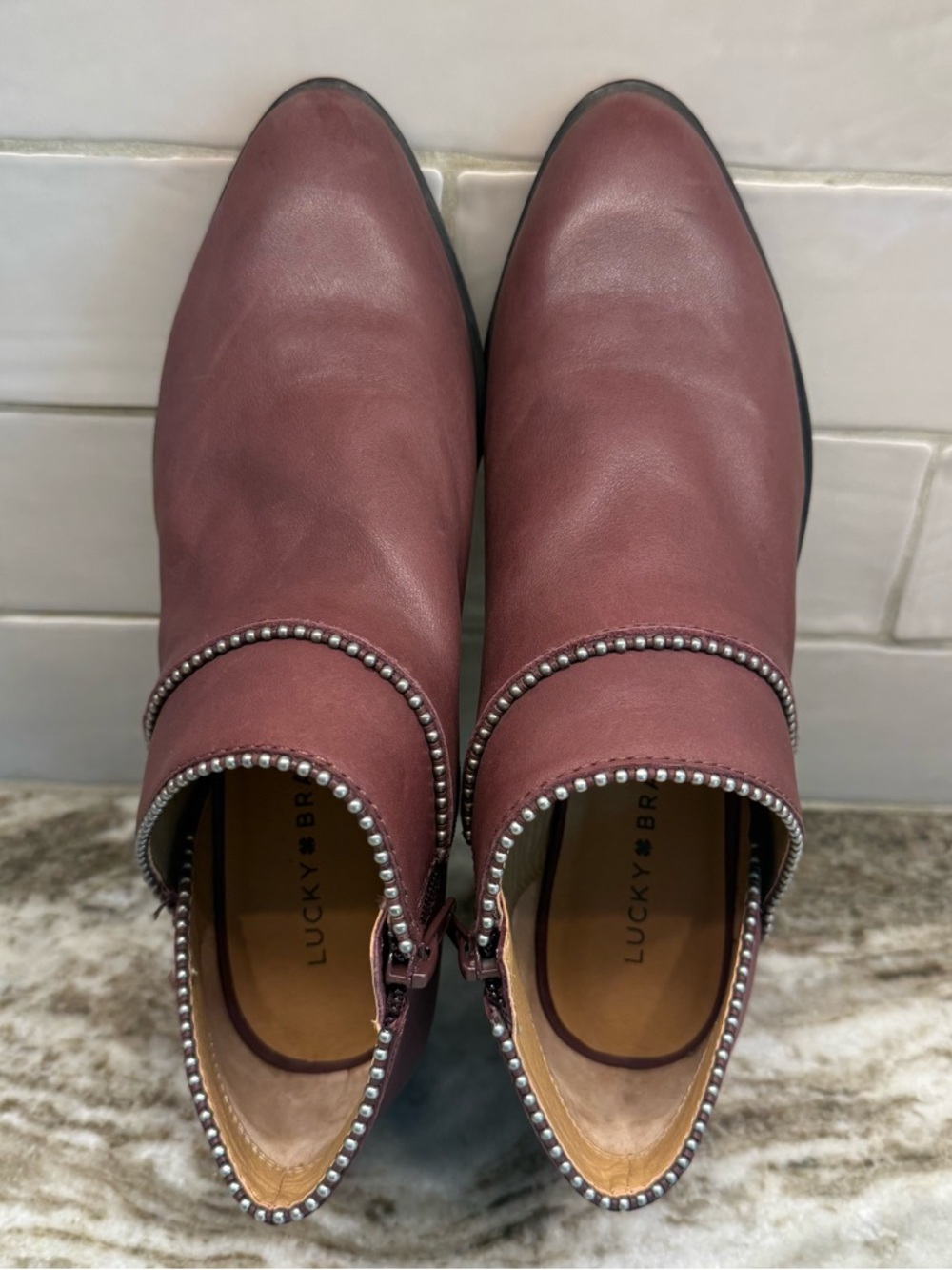 Lucky Brand Perrma Raisin Curved Topline Women’s Size 8 Studded Moto Edge Bootie - Picture 3 of 14
